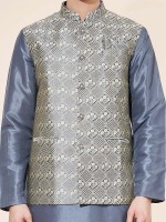 Slate Blue Pure Silk Readymade Kurta Pajama With Jacket